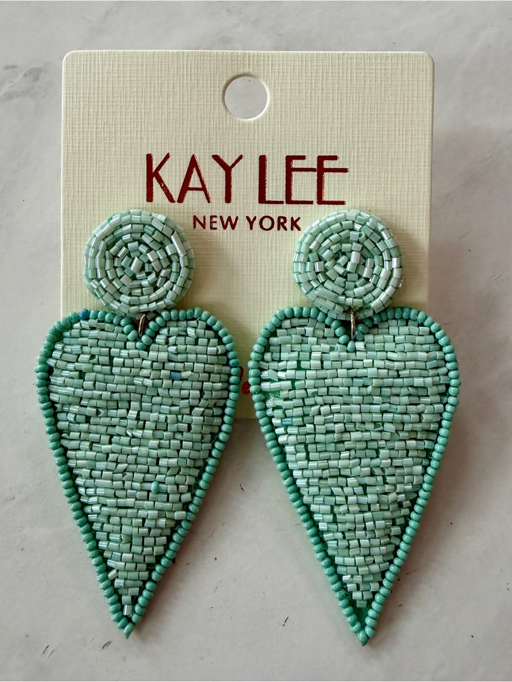 NWT Kay Lee New York Mint Green/Turquoise Beaded Heart Statement Earrings